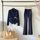Elegant Office Lady Style High Waist Flared Trousers for Women Blue Slim Fit Straight Leg Pants French Chic Fall Outfit Lookbook