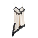 Vestido Mini Feminino com Renda Patchwork e Alças Finas - Irregular Costas Abertas Fenda Sexy Decote V Festa