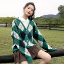 Cardigan Tricô Xadrez Feminino Estilo Coreano - Decote V Outono Inverno 2025
