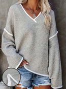 New Women's V-Neck Knit Sweater White Trim Plus Size Casual Fashion Pullover Bohemian Top for Fall Winter Chic y2k clothing