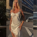 Vestido Feminino Elegante de Cetim com Renda Assimétrica - Sexy Festa Noite