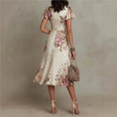 Boho Style Elegant Floral Print Long Dress Woman Spring V Neck High Waist Party Dress Summer Short Sleeve Zip Maxi Dress Vestido