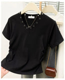 Women's V-Neck Rivet Detail Ruched Short Sleeve T-shirt Casual Slim Fit Crop Top