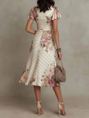 Boho Style Elegant Floral Print Long Dress Woman Spring V Neck High Waist Party Dress Summer Short Sleeve Zip Maxi Dress Vestido