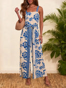 Macacão Feminino Boho Floral com Alças Finas e Perna Larga - Praia Férias Verão