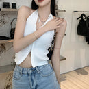 Regata Cropped Halter com Zíper - Feminina Sexy Streetwear Sem Manga