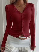 Casual Knitwear Lace V-Neck Cardigan Women Slim Solid Long Sleeves Commuting Cropped New Outwear Women's Knit Cardigan Top