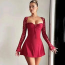 Vestido Mini Feminino com Renda Patchwork e Cintura Franzida - Linha A Costas Abertas Sexy Festa Balada Outono Inverno
