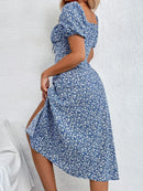 Women's Boho Curvy Holiday Outfits Frenchy Style Ditsy Floral Print Ruched Split Thigh Milkmaid Puff Sleeve Square Neck Dress
