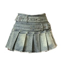 Women's Denim Skirt with Studded Belt Low Rise Pleated Mini Skirt Blue Black Jean Skirts Alt Girls Y2K Punk 90s