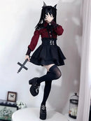 Women‘s Lolita Set Dark Femme Mesh Top & Waist Cinching Skirt, 2025 Autumn Japanese Street Style Coord for Gothic Baddie Fashion