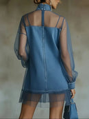 Vestido Jeans Feminino Mini com Tule e Manga Longa - Festa Chique