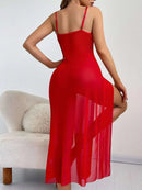 Vestido Longo Feminino Vermelho Floral com Renda Transparente e Alças - Sexy Decote V Profundo Costas Abertas Sem Manga