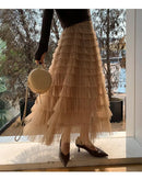 Elegant Multi-Layered Tulle Skirt Long Dress Women's Autumn Winter High Waist Cake Skirt Style Slimming Elegant Midi Skirt