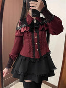 Women‘s Lolita Set Dark Femme Mesh Top & Waist Cinching Skirt, 2025 Autumn Japanese Street Style Coord for Gothic Baddie Fashion