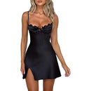 Vestido Mini Feminino Vintage com Alças e Renda - Sexy Sem Manga Costas Abertas Amarrão Cor Sólida Verão