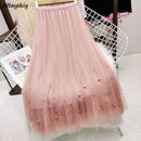 Mesh Plested Skirts Women Chic Pearl Aesthetic Midi Skirt Holiday Sweet Temper Female Spring High Waist Delicate Faldas Largas