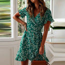 Boho Floral skirt Print Ruffles Women Dress Summer Sexy V Neck Short Sleeve A Line Chiffon Mini Dresses Beach Sundress