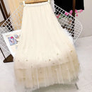 Mesh Plested Skirts Women Chic Pearl Aesthetic Midi Skirt Holiday Sweet Temper Female Spring High Waist Delicate Faldas Largas