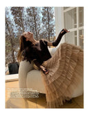 Elegant Multi-Layered Tulle Skirt Long Dress Women's Autumn Winter High Waist Cake Skirt Style Slimming Elegant Midi Skirt