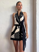 Vestido Bodycon Feminino com Estampa e Halter - Sexy Decote V Costas Abertas Slim Festa Clube