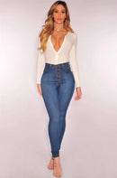 Women High Waist Elastic Slim Fit Skinny Jeans Lady Vintage Button Pencil Long Pants Narrow Straight Wrap Hips Casual Trousers