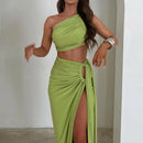 Conjunto Feminino 2 Peças com Top e Saia Longa com Fenda - Festa Clube Streetwear