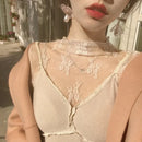 Sexy Lace Bottomed Blouse Women Long Sleeve Crop Top Sleeved High Neck With Hollowed Out Chiffon Foreign Style Sexy Mesh