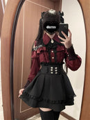 Women‘s Lolita Set Dark Femme Mesh Top & Waist Cinching Skirt, 2025 Autumn Japanese Street Style Coord for Gothic Baddie Fashion