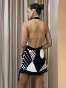 Vestido Bodycon Feminino com Estampa e Halter - Sexy Decote V Costas Abertas Slim Festa Clube