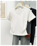 Women's V-Neck Rivet Detail Ruched Short Sleeve T-shirt Casual Slim Fit Crop Top