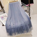 Mesh Plested Skirts Women Chic Pearl Aesthetic Midi Skirt Holiday Sweet Temper Female Spring High Waist Delicate Faldas Largas