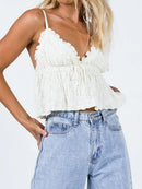 Regata Cropped Feminina com Babados e Decote V - Sem Manga Casual Streetwear Clubwear Verão Anos 2000