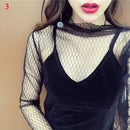 Women Lace Bottomed Blouse T-shirt Spring And Autumn Long Sleeve Mesh Crop Top Foreign Style Sexy Hollow Mesh Top High Neck 2024