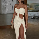Two Piece Skirt Set for Women Sexy 3D Flower Tube Top High Split Long Maxi Skirt Womens Vacation Outfits