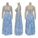 Women Boho 2 Piece Floral Chiffon Maxi Dress Sexy Summer Lace Corset Top & Tiered Flowy Tulle Skirt Set for Prom Wedding Party