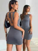 Vestido Feminino Sexy Listrado Cor Sólida com Costas Abertas e Amarrão - Sem Manga Verão