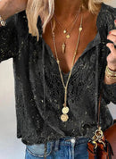 2026 Women's Fashion Solid Color Lace Long Sleeve Shirt Loose Slim Fit Versatile Elegant Office Commute Casual Pullover Blouse