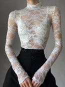 Sexy Lace Blouse Shirts Summer Women Turtleneck Long Sleeve See Through Lace Patchwork Thin Tops