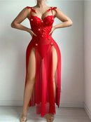 Vestido Longo Feminino Vermelho Floral com Renda Transparente e Alças - Sexy Decote V Profundo Costas Abertas Sem Manga