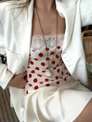 Vestido Mini Feminino Vermelho com Poa e Alças de Cetim - Sexy Sem Manga Costas Abertas Slim Praia Clube