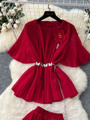 Women Summer Skirt Sets New Fashionable Three-dimensional Flower Short Sleeved Chiffon Top Pleated Skirt Two-piece Set C111