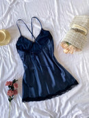 Camisola Feminina Sexy com Renda e Decote V - Pijama Curto de Seda Costas Abertas Lingerie Noite