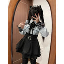 Women‘s Lolita Set Dark Femme Mesh Top & Waist Cinching Skirt, 2025 Autumn Japanese Street Style Coord for Gothic Baddie Fashion