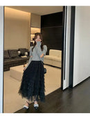 Elegant Multi-Layered Tulle Skirt Long Dress Women's Autumn Winter High Waist Cake Skirt Style Slimming Elegant Midi Skirt