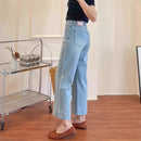 Women High Waist Wide Leg Pants Casual Loose Trousers Summer Solid Color Straight Fit Pocketed Ankle-Length Jeans