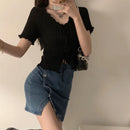 Camiseta Cropped Feminina de Malha com Decote V - Casual Versátil Manga Curta Bandagem Canelada Verão