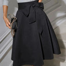 Women's Elegant High Waist Flared Midi Skirt with Bow Belt, Inclusive Fit, Stretch Knit Fabric, Versatile for Office and Party W