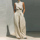Sleeveless top+wide leg pants summer casual two-piece set elegant and loose office set high street pocket women's set