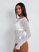 Women Lace Pullover TopS Retro Long Sleeve Round Neck See Through Solid Color Fitted T-Shirts Casual Blouse Streetwear Y2K 2000s